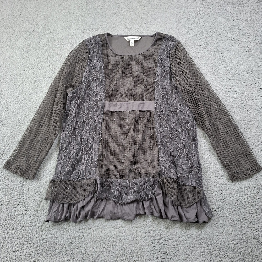 Tantrums Top Plus Size 2X Gray Layered Floral Boho Mesh Sleeve Fairy Grunge